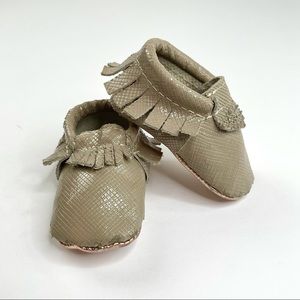 Freshly Picked Taupe and Rose Gold Moccasins